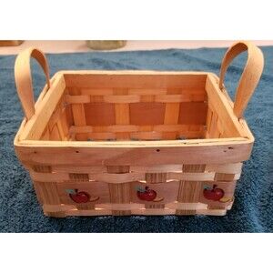 Handwoven wooden basket with apple motif cottage core farmhouse decor
